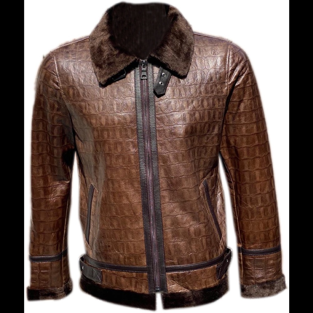 Luxurious Brown Crocodile Pattern Leather Bomber Jacket